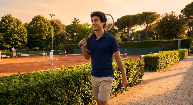 Young man walking alongside a tennis court in a fitted navy Ace Pro Court Polo at golden hour