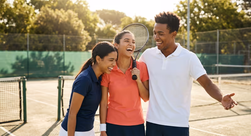 Three diverse friends laughing together on a tennis court wearing colorful polo shirts