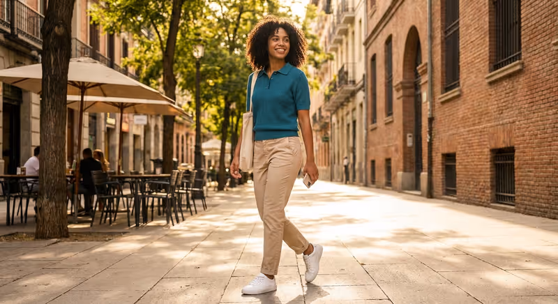 Young woman in a teal polo shirt walking down a sunny city sidewalk with chinos and white sneakers